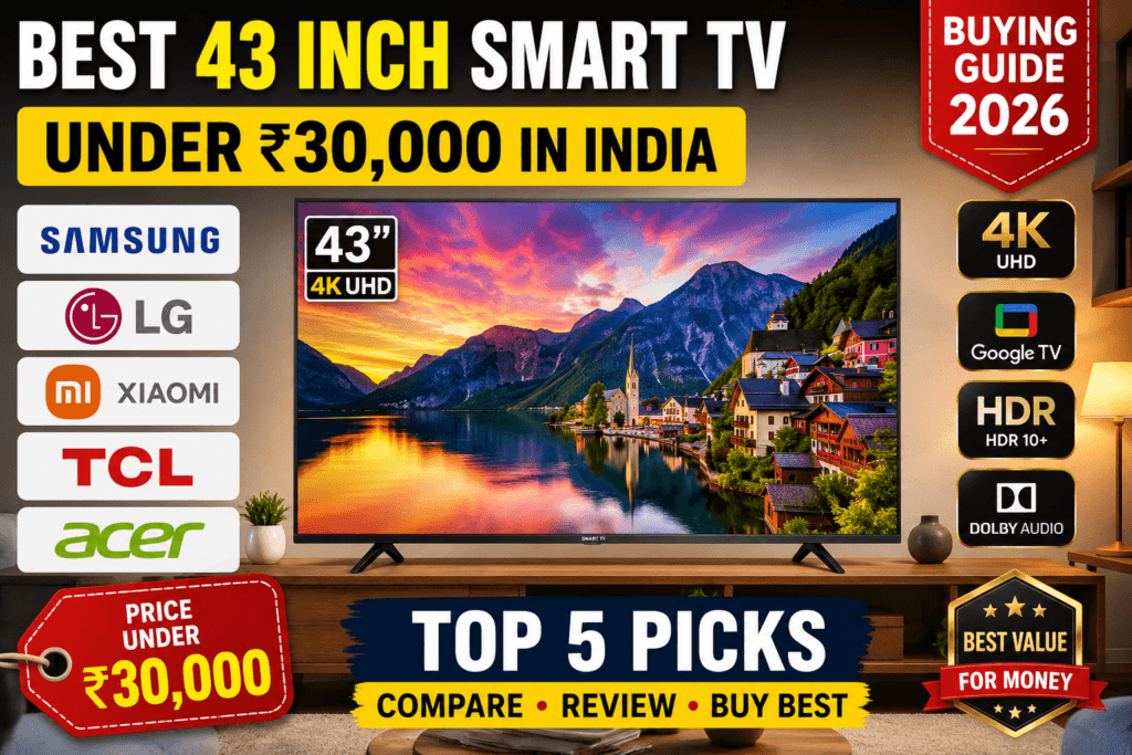 Best 43 inch smart TV under 30000 in India featuring Samsung LG Xiaomi TCL and Acer 4K Smart TVs